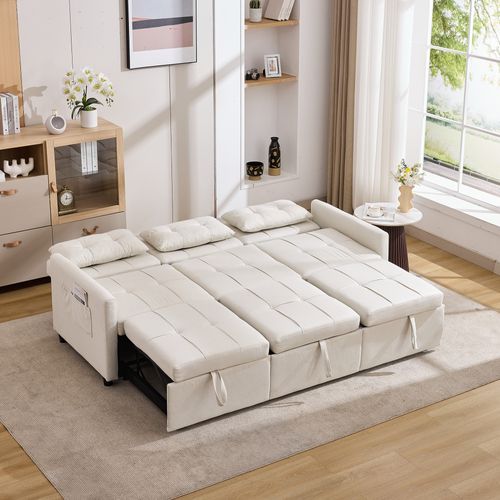 Canapé Convertible 200x87x84,5 Cm 3 Places En Tissu Beige