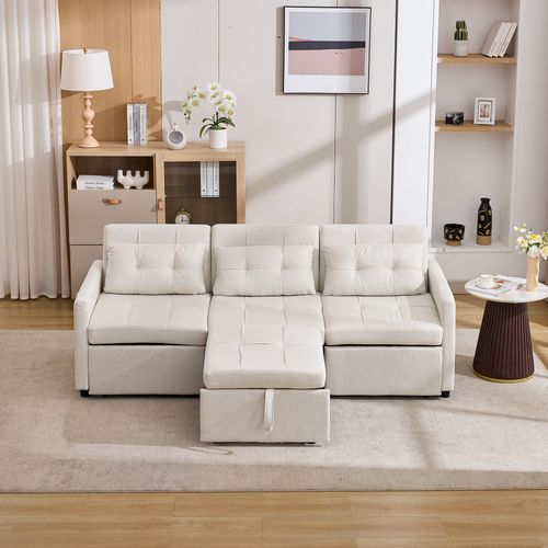 Canapé Convertible 200x87x84,5 Cm 3 Places En Tissu Beige