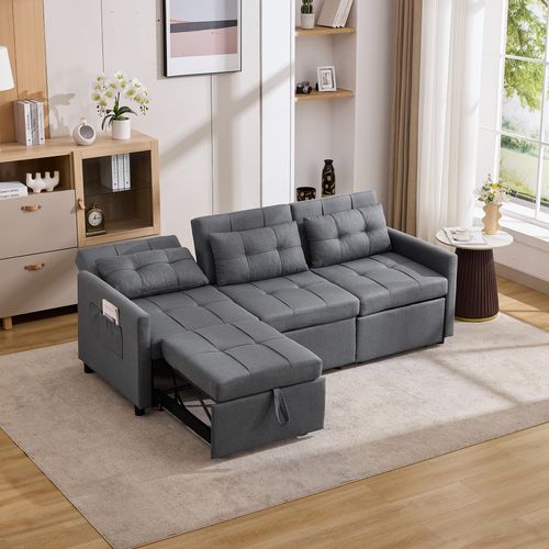 Canapé Convertible 200x87 Cm 3 Places - Dossier Réglable Jusqu'à 180°, Rangement Pliable, Gris