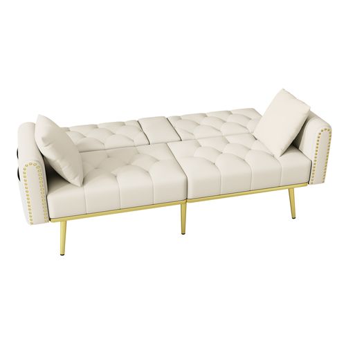 Canapé-lit 175x80 Cm Convertible En Sofa, Velours Beige, Dossier 3 Positions Et Piétement Métal Doré