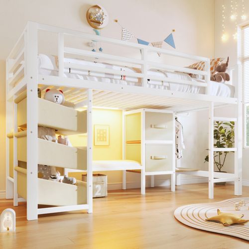 Lit Mezzanine 90x200 Cm Avec Structure En Métal Éclairage LED Multicolore