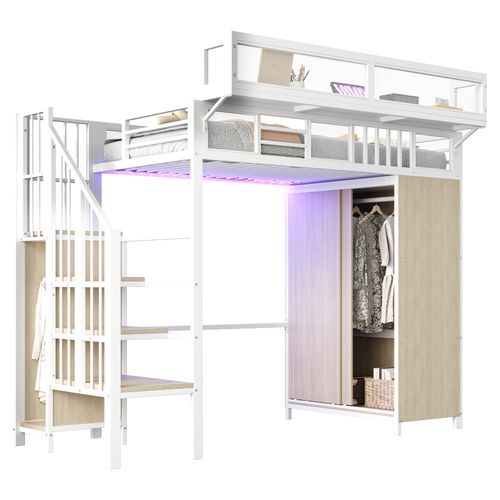 Lit Mezzanine 90x200 Cm Avec Armoire Intégrée Blanc