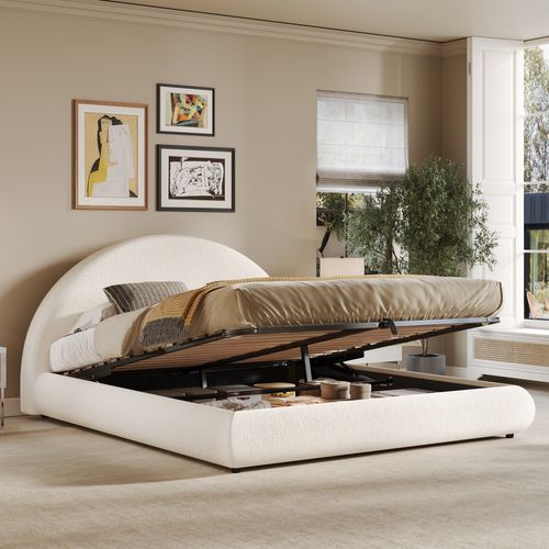 Lit Coffre 180x200 Cm Avec Sommier Relevable Tissu Bouclé Blanc