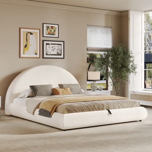 Lit Coffre 180x200 Cm Avec Sommier Relevable Tissu Bouclé Blanc