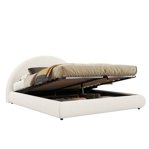 Lit Coffre 180x200 Cm Avec Sommier Relevable Tissu Bouclé Blanc