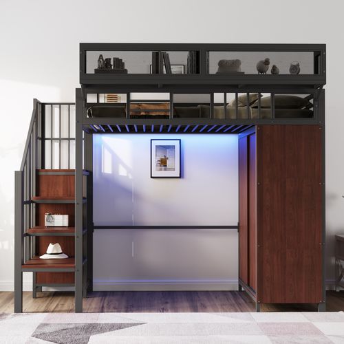 Lit Mezzanine 90x200 Cm Avec Structure Métal Et Bois Noir