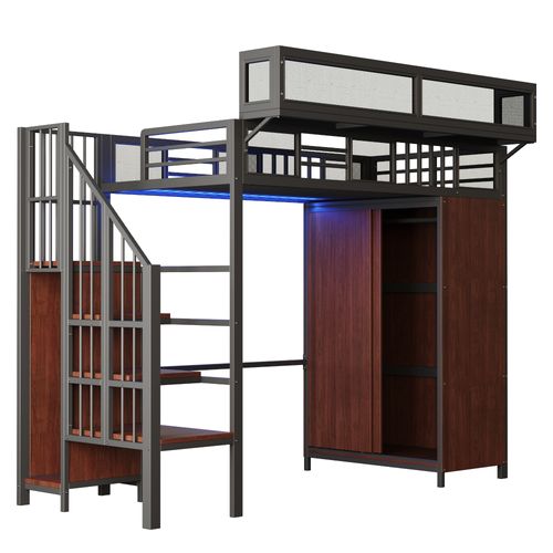 Lit Mezzanine 90x200 Cm Avec Structure Métal Et Bois Noir