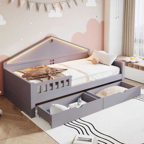 Lit Simple 90x200 Cm Avec 2 Tiroirs Et Éclairage LED Gris