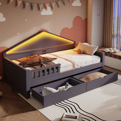 Lit Simple 90x200 Cm Avec 2 Tiroirs Et Éclairage LED Gris