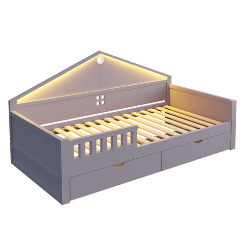 Lit Simple 90x200 Cm Avec 2 Tiroirs Et Éclairage LED Gris