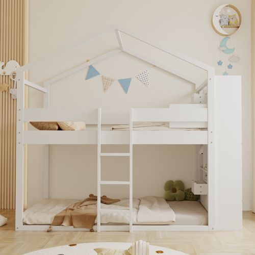 Lit Superposé 90x200 Cm Avec Structure En Bois Massif Blanc