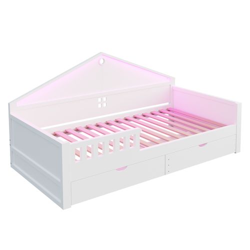 Lit Simple 90x200 Cm Avec Structure En Bois Et 2 Tiroirs LED