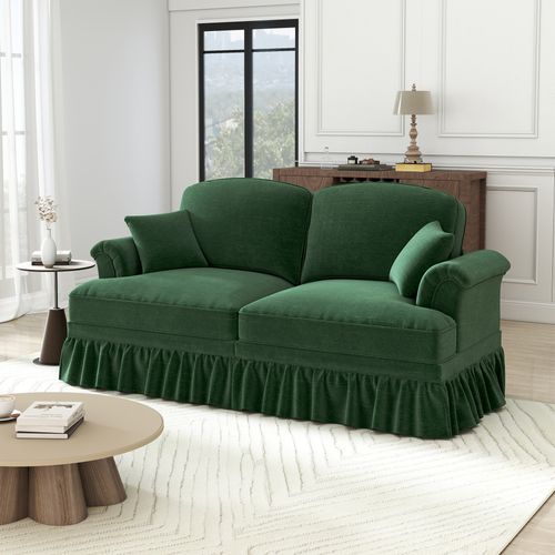 Canapé 2 Places En Chenille Vert, Volant Amovible Pour Deux Styles, Dossier Segmenté Avec Pouf