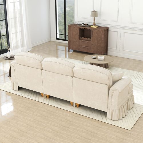 Canapé Modulable 3 Éléments 3 Places Chenille Blanche, Jupe Amovible Deux Styles, Pieds Fuselés
