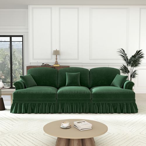 Canapé 3 Places En Chenille Vert Modulable, Jupe Amovible Pour Deux Esthétiques, Pieds Fuseau