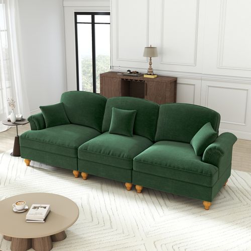 Canapé 3 Places En Chenille Vert Modulable, Jupe Amovible Pour Deux Esthétiques, Pieds Fuseau