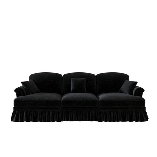 Canapé 3 Places En Chenille Noire, Jupe Amovible Pour Deux Styles, Design Mid‑century Élégant