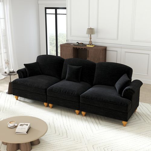 Canapé 3 Places En Chenille Noire, Jupe Amovible Pour Deux Styles, Design Mid‑century Élégant