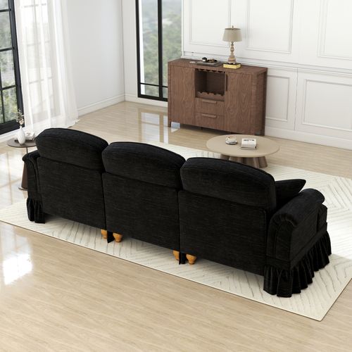Canapé 3 Places En Chenille Noire, Jupe Amovible Pour Deux Styles, Design Mid‑century Élégant