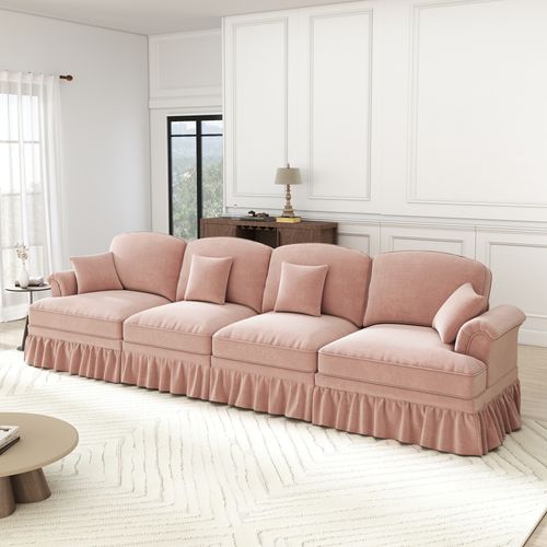 Canapé 4 Places Modulable En Chenille Rose, Jupe Amovible Et Pieds Tournés - Style Mid-century