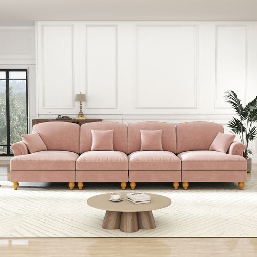 Canapé 4 Places Modulable En Chenille Rose, Jupe Amovible Et Pieds Tournés - Style Mid-century