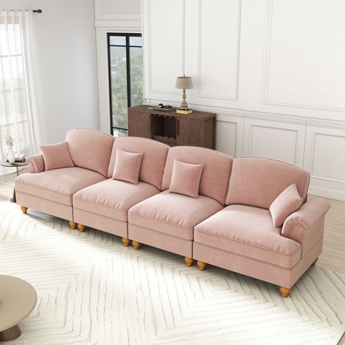 Canapé 4 Places Modulable En Chenille Rose, Jupe Amovible Et Pieds Tournés - Style Mid-century