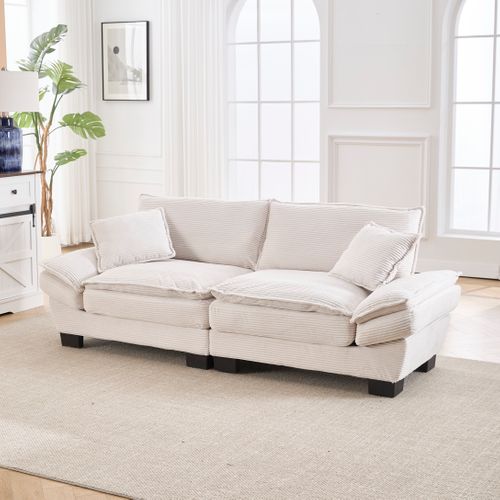 Canapé 224x81x81 Cm En Velours Beige - Assise Ultra-profonde 2 Places, Cadre Bois Et Pieds Noirs
