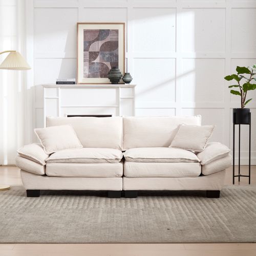 Canapé 224x81x81 Cm En Velours Beige - Assise Ultra-profonde 2 Places, Cadre Bois Et Pieds Noirs
