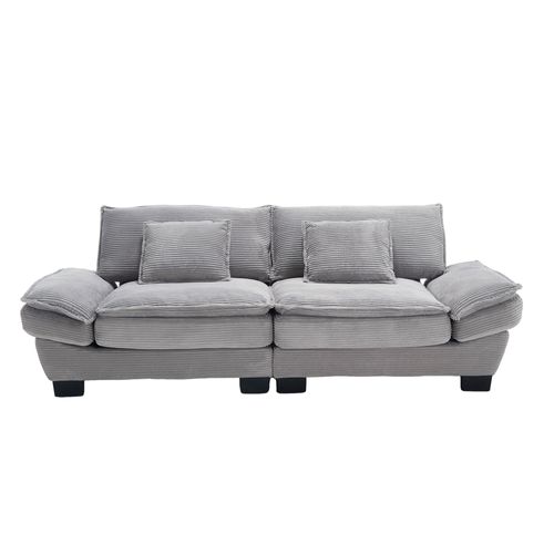 Canapé 224x81x81 Cm En Velours Gris Clair, Assise Ultra-profonde, Cadre Bois Et Pieds Noirs