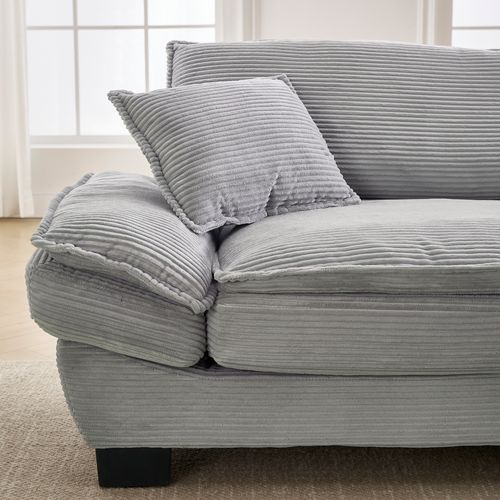 Canapé 224x81x81 Cm En Velours Gris Clair, Assise Ultra-profonde, Cadre Bois Et Pieds Noirs