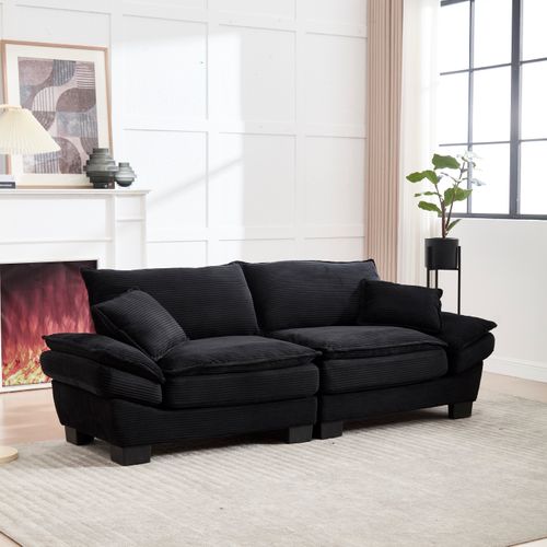 Canapé 2 Places 224x81x81 Cm En Velours Noir, Assise Ultra-profonde Et Coussins Moelleux