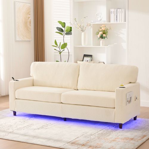 Canapé Adulte 2 Places 203x77,5 Cm En Chenille Beige Avec LED Ambiante Et Ports USB-c