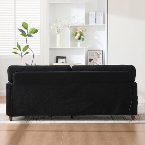 Canapé 2 Places 203x77,5x86 Cm En Chenille Noire, Rembourrage Haute Densité, LED Et Ports USB‑c