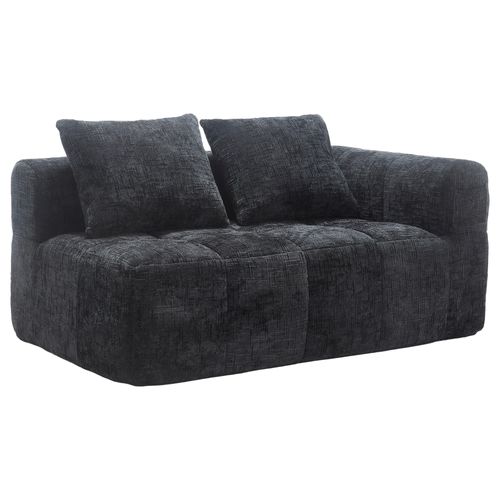 Canapé 2 Places 158x90 Cm En Chenille Noire, Chaise Longue Ergonomique Et Coussin Inclus