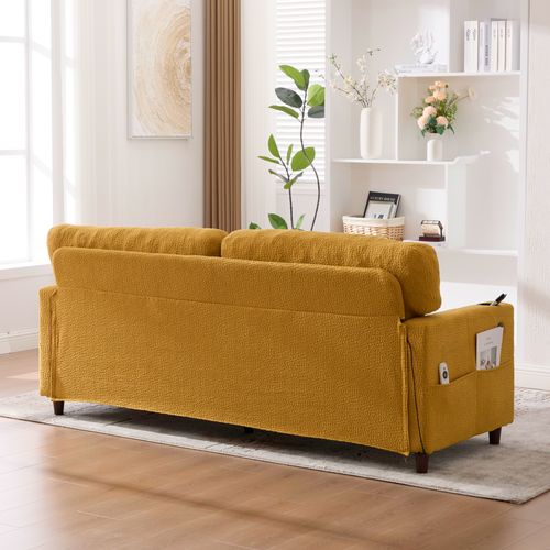 Canapé Adulte 203x77,5x86 Cm En Chenille Moutarde, LED D'ambiance, Ports USB-c Et Porte-gobelets