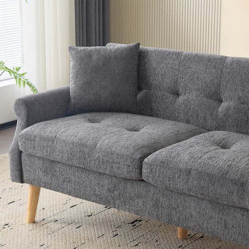 Canapé 2 Places 162×74×77 Cm En Chenille Gris, Assise 15 Cm, Pieds Massifs 20 Cm