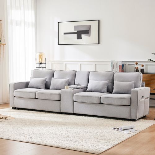 Canapé Adulte 290x83x88 Cm En Lin Gris, 4-5 Places, Ports USB, 2 Porte-gobelets Et Poches Latérales