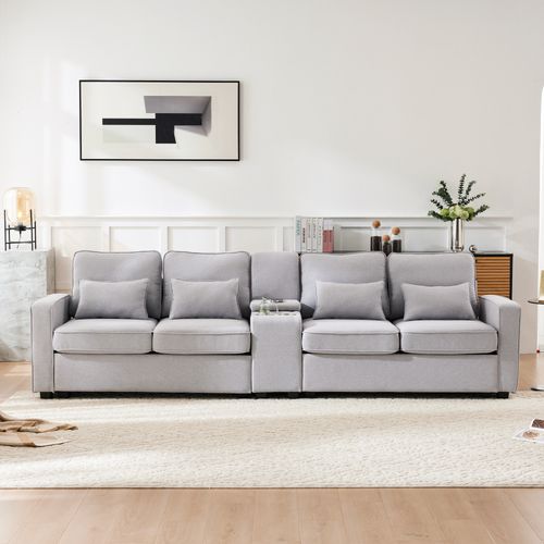 Canapé Adulte 290x83x88 Cm En Lin Gris, 4-5 Places, Ports USB, 2 Porte-gobelets Et Poches Latérales