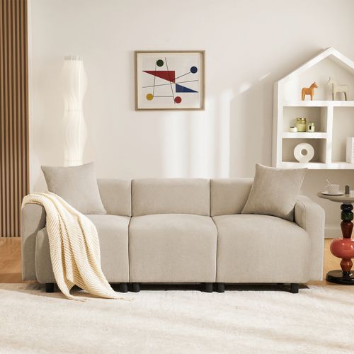 Canapé 3 Places En Chenille Beige, Design Contemporain, Assise Extra-large 57 Cm