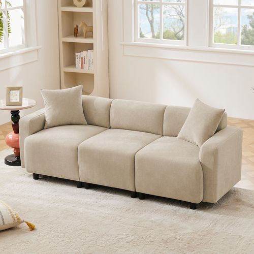 Canapé 3 Places En Chenille Beige, Design Contemporain, Assise Extra-large 57 Cm