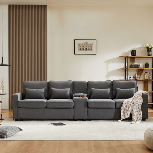 Canapé 4-5 Places En Lin Gris Foncé 290x83x88 Cm Avec Console, Ports USB Et 2 Porte-gobelets