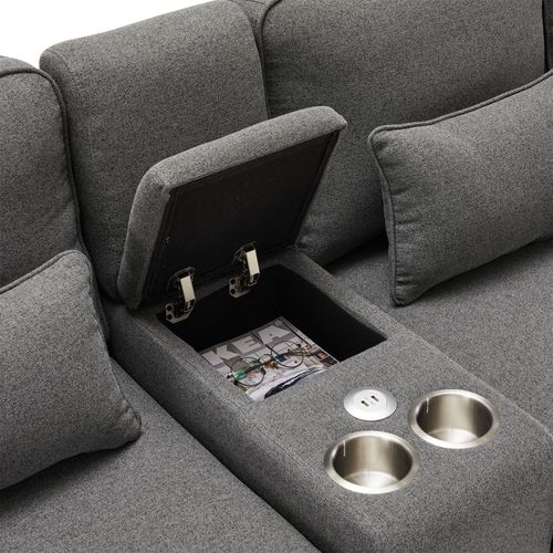 Canapé 4-5 Places En Lin Gris Foncé 290x83x88 Cm Avec Console, Ports USB Et 2 Porte-gobelets
