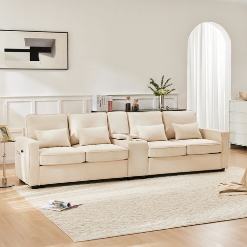 Canapé Adulte 290x83x88 Cm En Lin Beige, 4-5 Places, Console Avec Porte-gobelets Et Ports USB