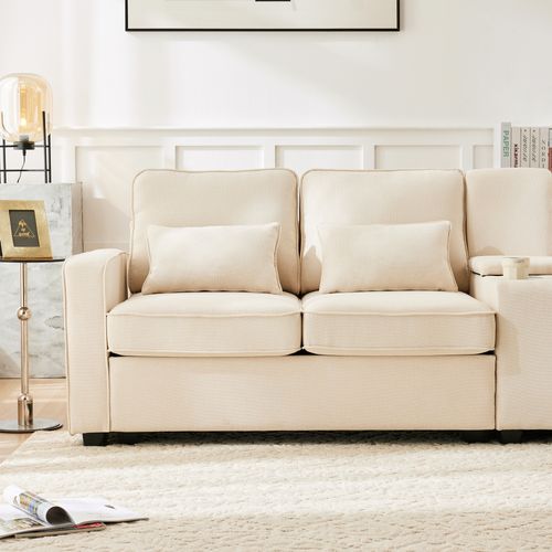 Canapé Adulte 290x83x88 Cm En Lin Beige, 4-5 Places, Console Avec Porte-gobelets Et Ports USB