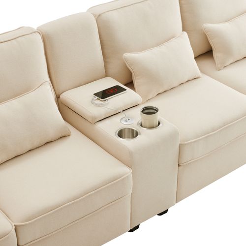 Canapé Adulte 290x83x88 Cm En Lin Beige, 4-5 Places, Console Avec Porte-gobelets Et Ports USB