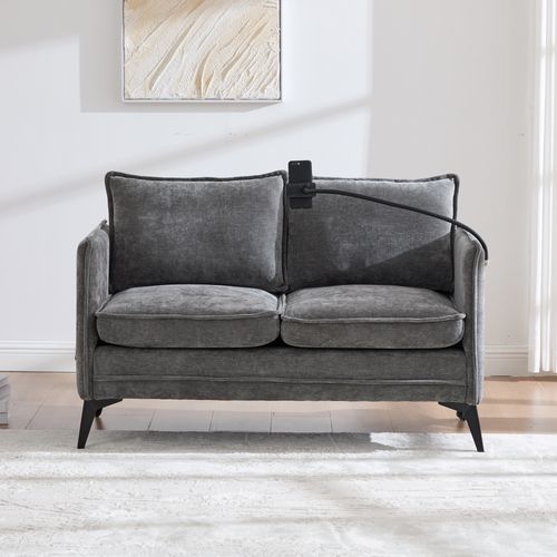 Canapé 2 Places 127x69x66 Cm Chenille Gris, Rangement Double Latéral Et Porte‑portable Réglable