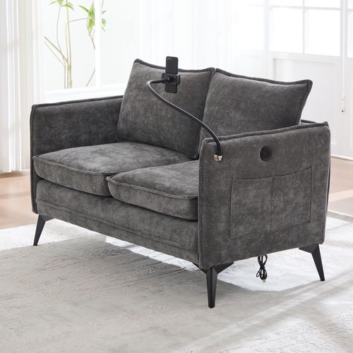 Canapé 2 Places 127x69x66 Cm Chenille Gris, Rangement Double Latéral Et Porte‑portable Réglable