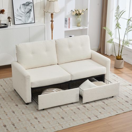 Canapé 2 Places En Microfibre Structurée Avec 2 Tiroirs De Rangement, Ivoire