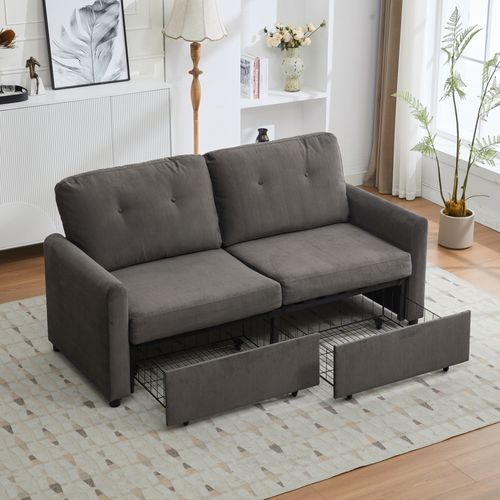 Canapé Banquette 2 Places Avec Tiroirs, Tissu Microfibre Gris Foncé Brillant, Dossier Ergonomique