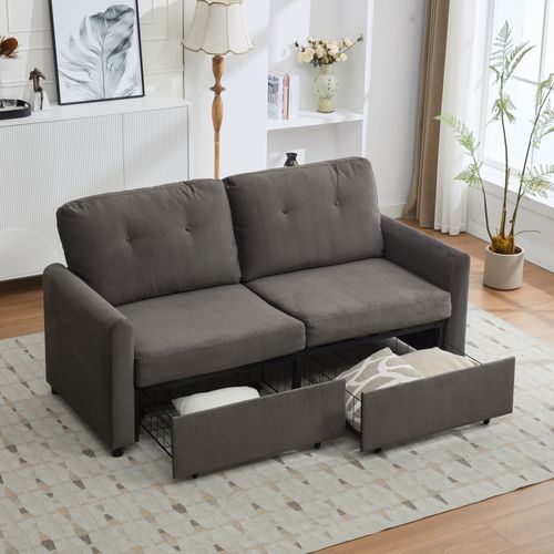 Canapé Banquette 2 Places Avec Tiroirs, Tissu Microfibre Gris Foncé Brillant, Dossier Ergonomique